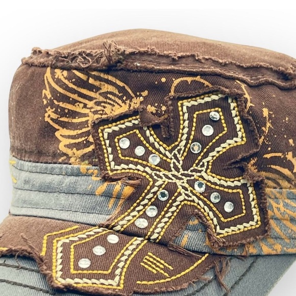 Leader Winged Cross Distressed Cadet Brown Embellished Cap - Picture 9 of 15